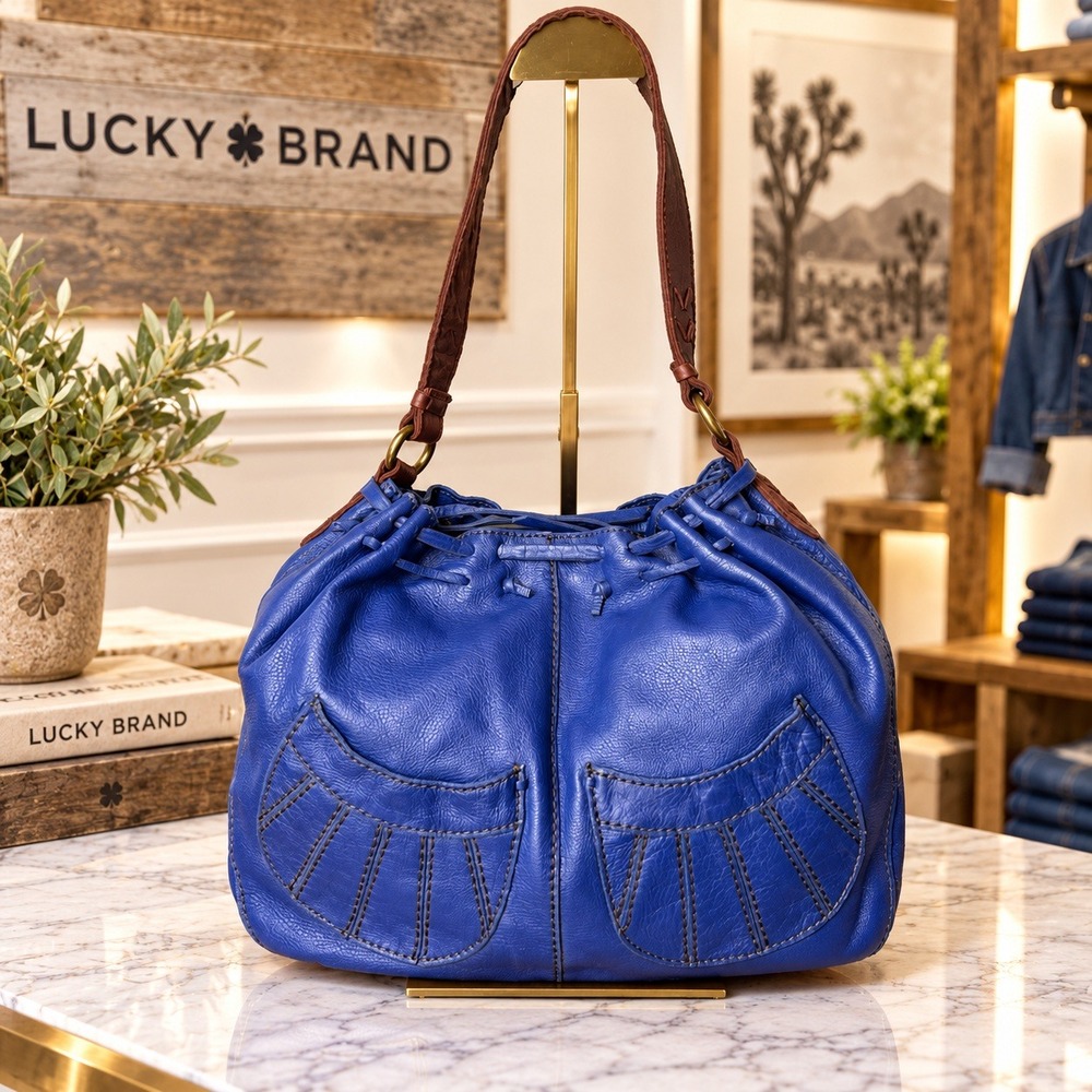 Lucky Brand Blue Leather Hobo Bag Brown Strap Floral Lining Drawstring Pocket